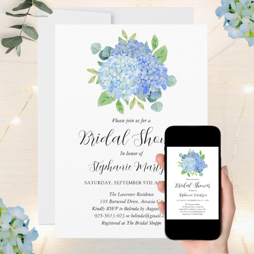 Digital and printable bridal shower invitation with modern watercolor botanical design featuring blue hydrangea flowers and eucalyptus leaf floral bouquet.