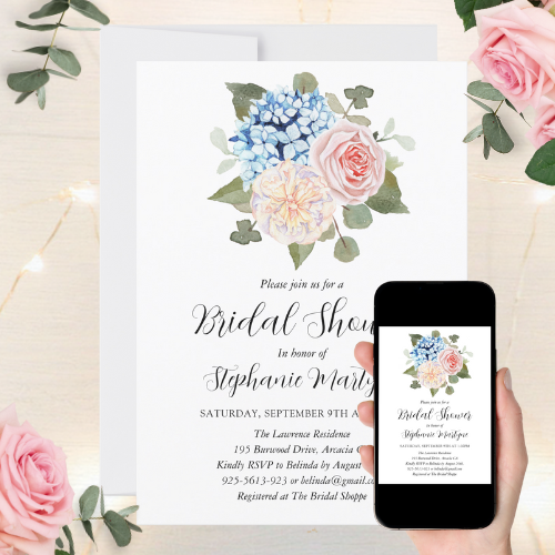 Printable and digital bridal shower invitation with modern watercolor botanical design featuring blue hydrangea flowers, pink rose, peony flower and eucalyptus leaf floral bouquet with script typography