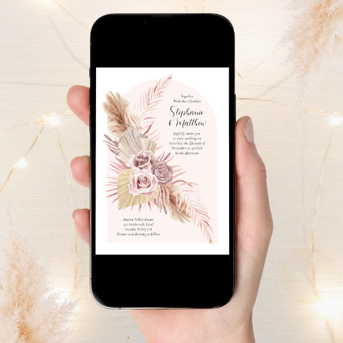 boho_arch_dusty_rose_flowy_floral_digital_wedding_invitation Digital wedding invitations with modern watercolor boho style botanical roses, pampas grass, palm leaves and arch background.