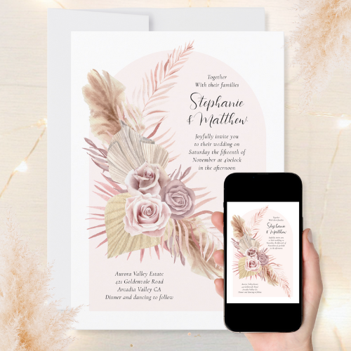 boho_arch_dusty_rose_flowy_floral_printable_wedding_invitation Digital and printable wedding invitations with modern watercolor boho style botanical roses, pampas grass, palm leaves and arch background.