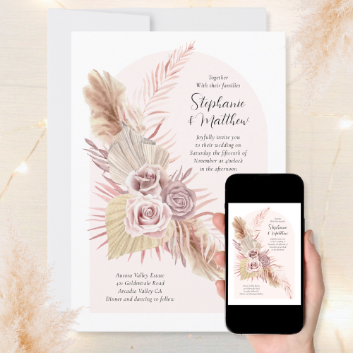 Digital and printable wedding invitations with modern watercolor boho style botanical roses, pampas grass, palm leaves and arch background.