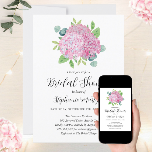 Digital and printable bridal shower invitation with modern watercolor botanical design featuring pink hydrangea flowers and eucalyptus leaf floral bouquet.