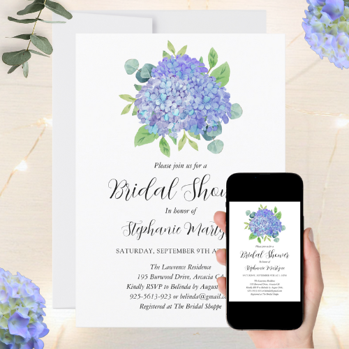 purple_hydrangea_bouquet_botanical_printable_bridal_shower_invitation Digital and printable bridal shower invitation with modern watercolor botanical design featuring purple hydrangea flowers and eucalyptus leaf floral bouquet.