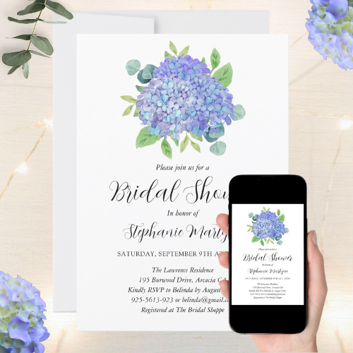 Digital and printable bridal shower invitation with modern watercolor botanical design featuring purple hydrangea flowers and eucalyptus leaf floral bouquet.