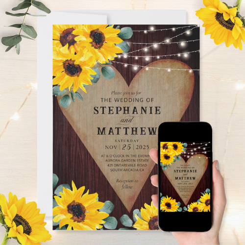 Digital and printable rustic sunflower wedding invitations featuring a wooden heart, string lights and eucalyptus leaves.