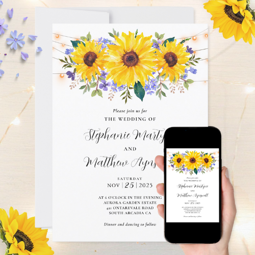 Digital and printable wedding invitations featuring watercolor sunflowers, purple wildflowers, foliage and string lights with modern script typography.