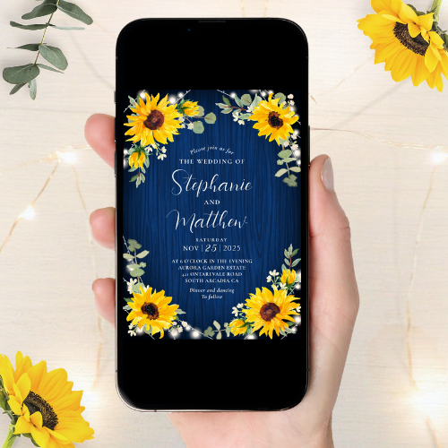 sunflowers_babys_breath_lights_navy_wood_digital_wedding_invitation Digital rustic wedding invitations featuring watercolor sunflowers, baby’s breath flowers, eucalyptus leaves and navy blue wood background with modern script typography.