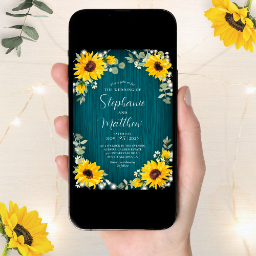 Digital rustic wedding invitations featuring watercolor sunflowers, baby’s breath flowers, eucalyptus leaves and teal wood background with modern script typography.