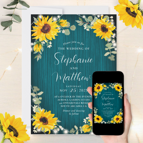 Digital and printable rustic wedding invitations featuring watercolor sunflowers, baby’s breath flowers, eucalyptus leaves and teal wood background with modern script typography.