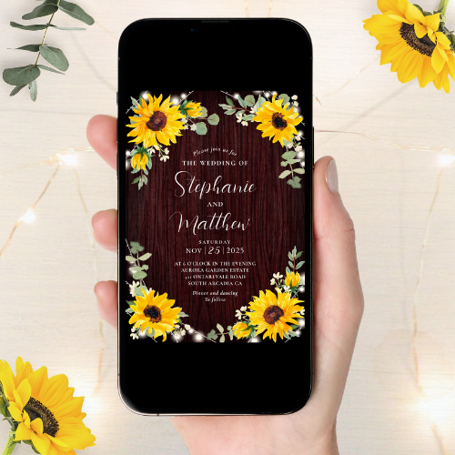 Digital rustic wedding invitations featuring watercolor sunflowers, baby’s breath flowers, eucalyptus leaves and wood background with modern script typography.