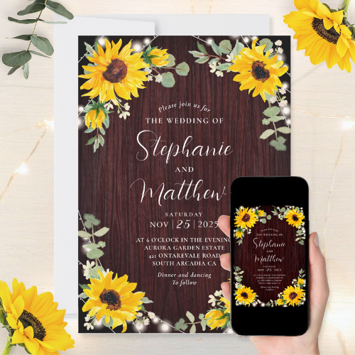 Digital and printable rustic wedding invitations featuring watercolor sunflowers, baby’s breath flowers, eucalyptus leaves and wood background with modern script typography.