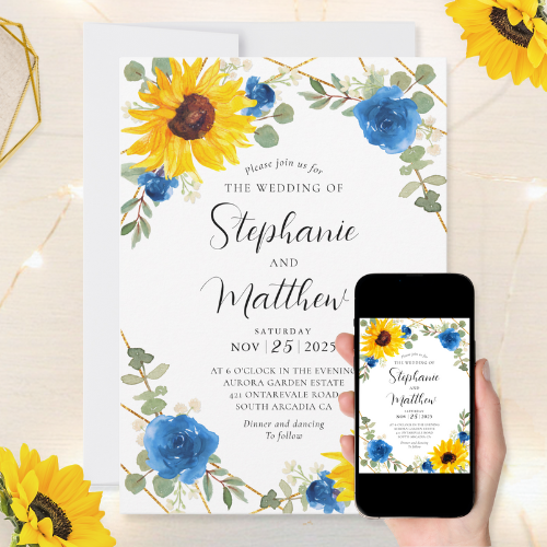 Digital and printable wedding invitation with watercolor sunflowers, blue roses, eucalyptus leaves, geometric gold border and script typography.