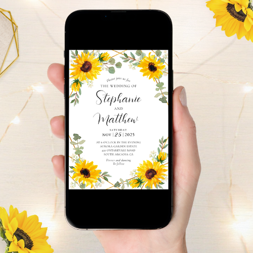 sunflowers_eucalyptus_geometric_botanical_digital_wedding_invitation Digital wedding invitations with watercolor sunflowers, baby's breath flowers, eucalyptus leaves, geometric border and modern script typography.