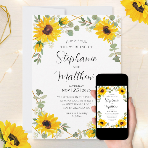 Digital and printable wedding invitations with watercolor sunflowers, baby's breath flowers, eucalyptus leaves, geometric border and modern script typography.