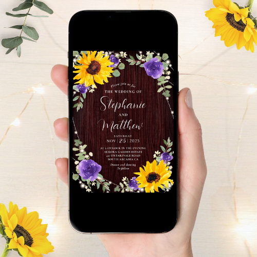 Digital rustic sunflower wedding invitations with watercolor sunflowers, purple roses, eucalyptus leaves and string lights on a wood background with script typography.