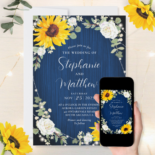 Digital and printable rustic sunflower wedding invitations with watercolor sunflowers, white roses, eucalyptus leaves and string lights on a navy blue wood background with script typography.