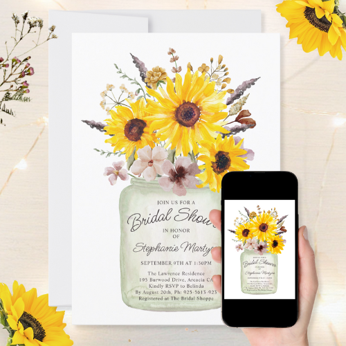 Digital and printable bridal shower invitations featuring watercolor sunflowers and wildflowers in a mason jar with script typography.