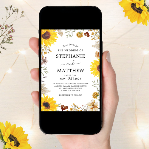 wildflowers_sunflower_botanical_watercolor_digital_wedding_invitation Digital wedding invitation with a botanical watercolor sunflower and wildflower floral border.