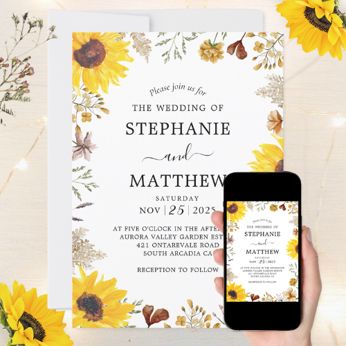 Digital and printable wedding invitations with a botanical watercolor sunflowers and wildflowers floral border.